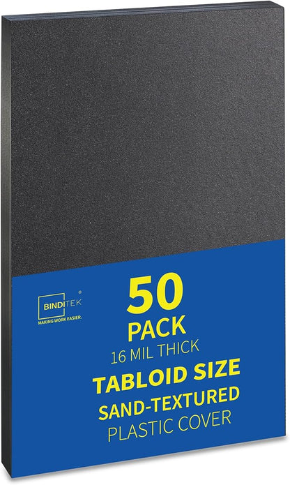 Binditek 50 Pack 16 Mil Sand-Textured Polycover, 11 x 17 Inches Binding Front and Back Covers, Lightly Textured Sand Finish, Heavyduty Binding Presentation Covers for Business Reports, Tabloid, Black