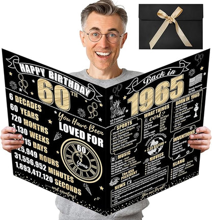 Large 60th Birthday Card With Envelope for Men Women, 1965 Black Gold Happy 60th Birthday Giant Guest Signature Book Gifts, Big Vintage 1965 60th Greeting Card Decoration Party Supplies