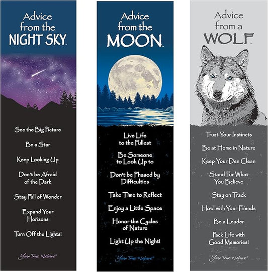 Advice from Nature 3 Bookmark Night Set, Laminated with Glossy Finish, Printed on Recycled Paper - Wolf, Moon, Night Sky (AMBM-NIGHT)