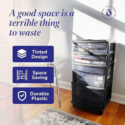 HOMZ 2-Pack 4-Drawer Plastic Storage Cart, Home & Office Organizer, Black-Clear