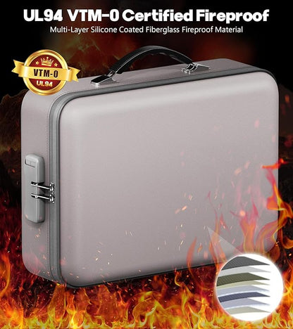 Fireproof Document Box with Water-Resistant Zipper, Hard Case Fireproof Box with Lock, Portable Hard-Shell Fire Safe Box, Large Capacity File Organizer for Important Documents, Laptop (Gray, M)