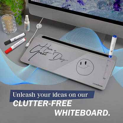 15-Inch Desktop Whiteboard - Glass Dry Erase Board for Desk Whiteboard with Stand with 3 Markers, Spray Bottle, 3 Cable Holders & Storage Box Work from Home Office Gadgets, Grey