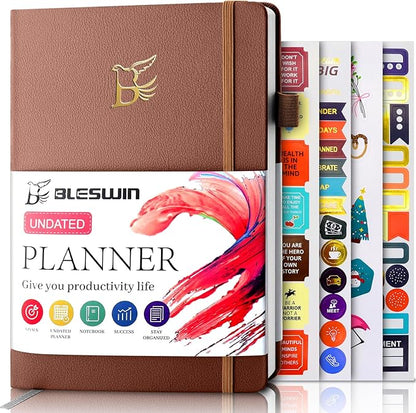 Upgraded Planner 2024-2025 A5, Undated Leather Hardcover Planner with Sticker Tabs, Organizer Notebook, Weekly Goals Planner, Daily Planner, To Do List, Habit Tracker, Aesthetic, School or Office