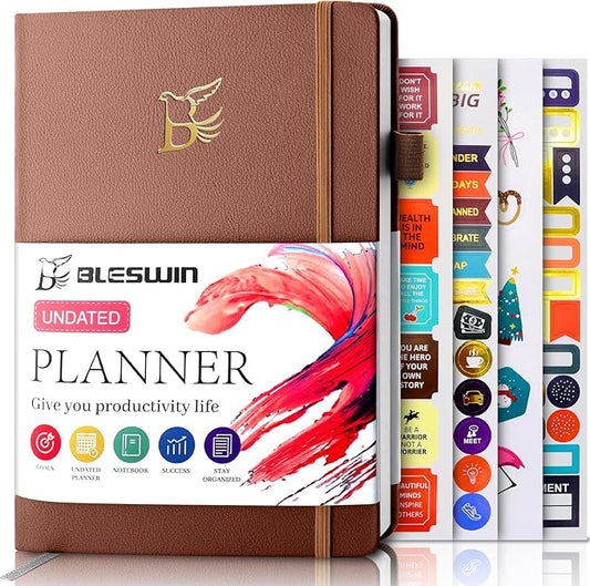 Upgraded Planner 2024-2025 A5, Undated Leather Hardcover Planner with Sticker Tabs, Organizer Notebook, Weekly Goals Planner, Daily Planner, To Do List, Habit Tracker, Aesthetic, School or Office