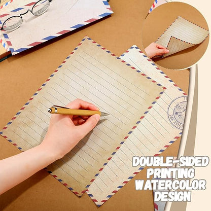 TaoBary 160 Packs Stationery Paper Set (50 Double Sided Stationery Writing Papers 50 Matching Envelopes) 60 Round Dot Sticker, 10 Design(Vintage Travel,8.5 x 11 Inch)