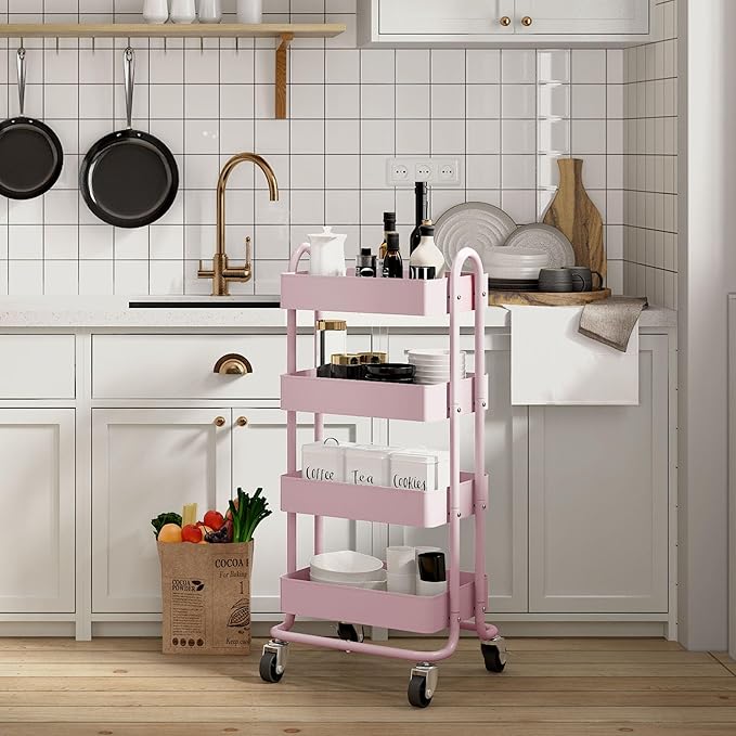 4-Tier Pink Rolling Cart,Metal Utility Rolling Cart with Handle,Multifunction Rolling Carts with Wheels,Kitchen Storage Carts Suitable for Office,Home,Kitchen,Garden（13.4"x18.1"x40"） Pink