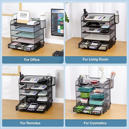 5-Tier Letter Tray Desk Organizer with Drawer and Pen Holder, Mesh File Organizer with Handle, Office Supplies Document Paper Sorter Desk Organization for Home Office, Black