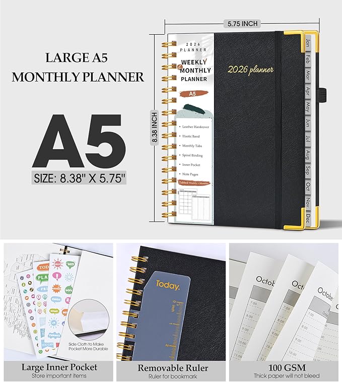 2026 Planner, Weekly and Monthly Calendar Planner from January 2026 - December 2026, 5.75" x 8.38" Hardcover Leather Hourly Appointment Book with Tabs, A5 Spiral Daily Planners for College School Work Home, Black