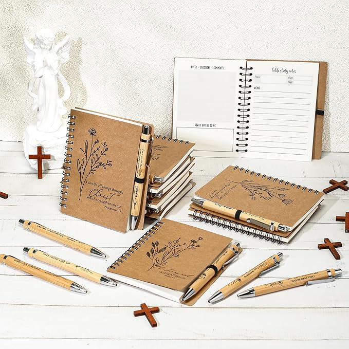 100 Pcs Bible Verse Spiral Notebook with Bamboo Christian Ballpoint Pens Aesthetic Religious Notepads Inspirational Journals Easter Christian Gifts for Women Men Office (Special Style)