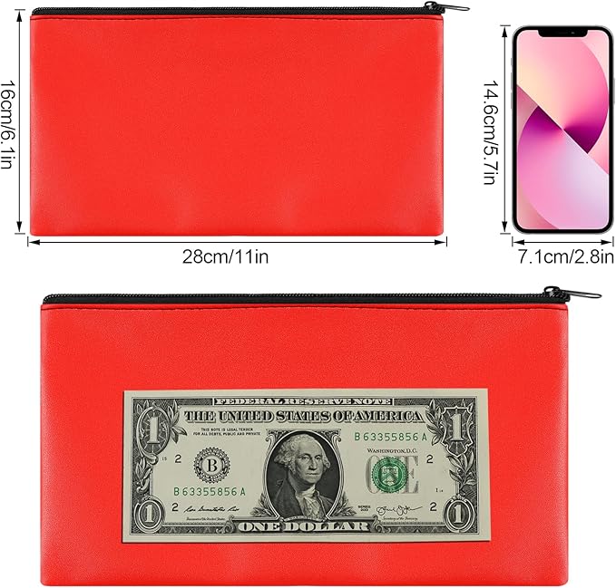 2 Pieces Money Bags with Zipper, 11x6.1 inch Money Pouch, Bank Bag, Cash Bag, Check Wallet, Cosmetics(Red)