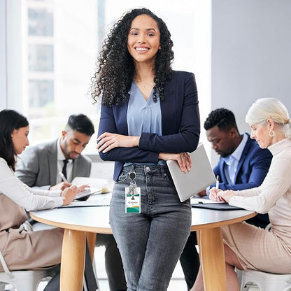 Will Well ID Badge Holders with Clip and Keyring - Vertical Clear Plastic 3.58" x 2.52" Sleeves Fit Up to 3 Cards - Retractable 24" UHMWPE Fiber Pull Cords for Easy Access - 10-Pack, Black Reels