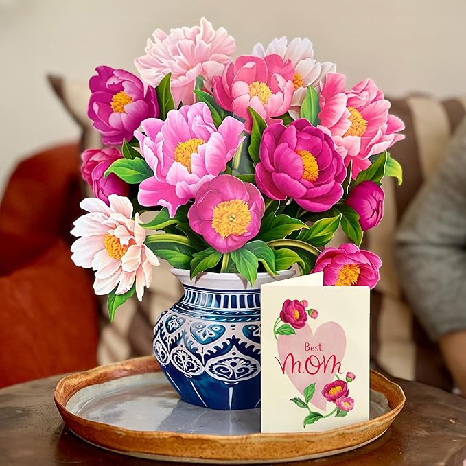 Freshcut Paper Pop Up Cards, Best Mom Peony Paradise, 12 Inch Life Sized Forever Flower Bouquet 3D Popup Greeting Card, Birthday Cards, Mother's Day Card, Blank Notecard