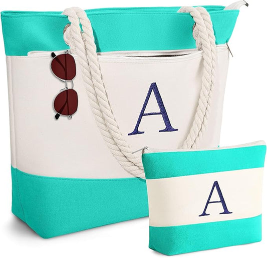 YOOLIFE Christmas Gifts for Women - Initial Canvas Tote Bag & Makeup Bag, Birthday Gifts for Women Mom Teacher Friend Sister