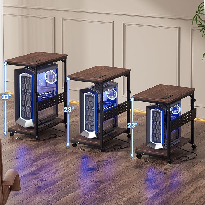 Computer Tower Stand with Power Strips, Height Adjustable PC Tower Stand/Cart with Wheels, Mobile Rolling CPU Holder, Computer Cart Side Stand for Computer Desk, 24", Black Walnut