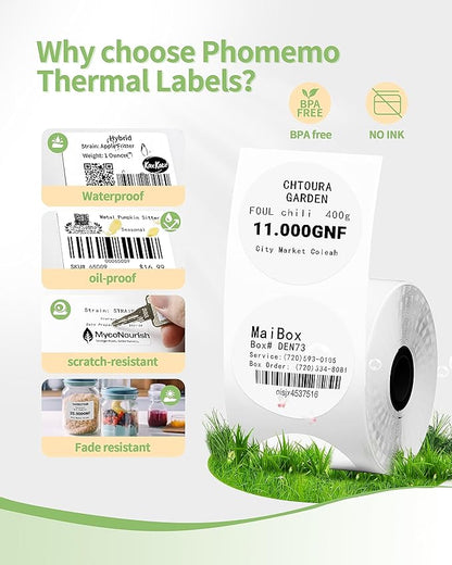 3 Roll Self-Adhesive Round Circle Thermal Labels for Phomemo M110/M221/M220/M120/M200/M110S Label Printers,1.96"（50 mm）,Multi-Purpose Thermal Stickers,Black on White,140Labels/Roll