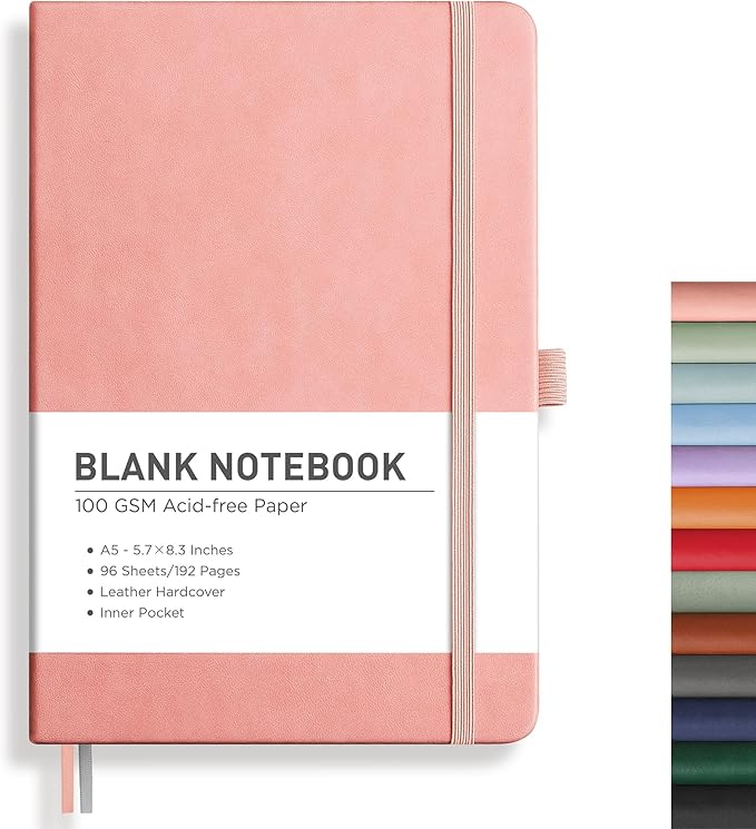 RETTACY Blank Journal Notebook, A5 Blank Journal with 192 Pages, 5.7'' × 8.3'' Medium Size, 68 LB/100 GSM Thick Paper, Leather Hardcover, for Sketching, Drawing, Painting (Pink)