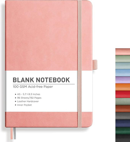 RETTACY Blank Journal Notebook, A5 Blank Journal with 192 Pages, 5.7'' × 8.3'' Medium Size, 68 LB/100 GSM Thick Paper, Leather Hardcover, for Sketching, Drawing, Painting (Pink)