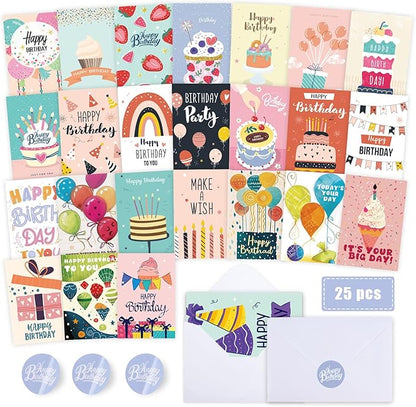 Birthday Cards,25 Pcs Blank Cards with Envelopes & Stickers,25 Design,4x6 Inches Happy Birthday Card,Birthday Card for Kids,Friends,Family and Colleagues