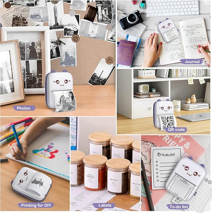 Mini Printer, Mini Printer with Stickers, Portable Inkless Thermal Printer with 10 Rolls Paper, Study Printer for Notes, Journal, DIY, Kids Gift, Compatible with Android & iOS