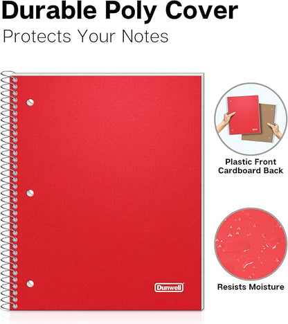 Dunwell 1 Subject Notebook College Ruled (Red), Spiral Notebook 8.5x11 for School, 100 Sheets (200 Pages), Protective Plastic Cover, 2-Pocket Divider, One Subject Note Book 8 1/2 x 11