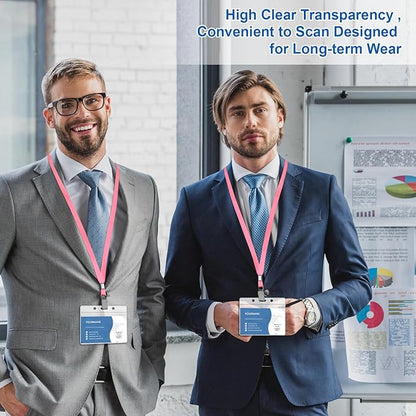 100 Pcs Lanyards for ID Badges and 100 Pcs Clear Name Tag Holders Reusable Lanyard with Clip Plastic ID Card Badge Holder Name Badges for Adults Kids Business School Office Supplies (Pink)