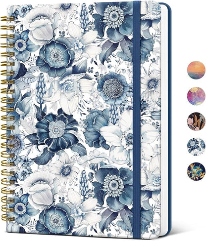 Lined Spiral Journal Notebook for Women, A5 College Ruled Journals for Writing, Hardcover Notebooks for Work, Note taking and Office School Supplies,140 Pages - Blue Floral
