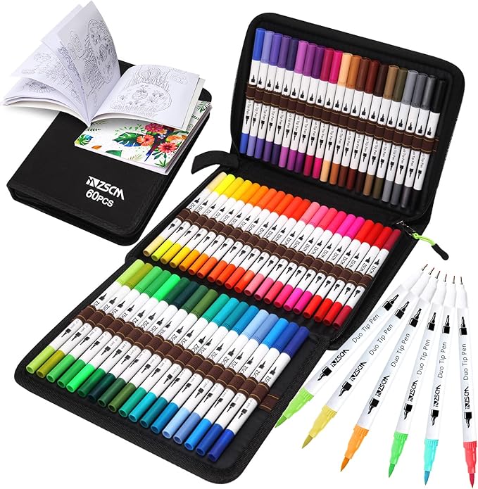 ZSCM Art Duo Tip Brush Markers Set, 60 Colors Fine Brush Tip Artist Drawing Pens Set with Coloring Book, for Adult Sketching Journal Planner School Supplies Gifts