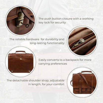 Time Resistance Leather Briefcase for Men - Business Laptop Bag - Italian Handmade Leather Bag - Messenger Bag