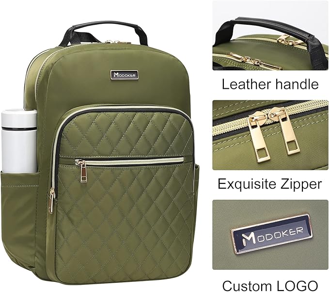 Modoker 15.6 Inch Laptop Backpack for Women, Quilted Work Backpack for Women Bookbag Teacher Backpack, Travel Backpack with USB Charging Port, Backpack Purse for Women Nurse, Green