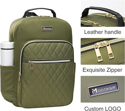 Modoker 15.6 Inch Laptop Backpack for Women, Quilted Work Backpack for Women Bookbag Teacher Backpack, Travel Backpack with USB Charging Port, Backpack Purse for Women Nurse, Green