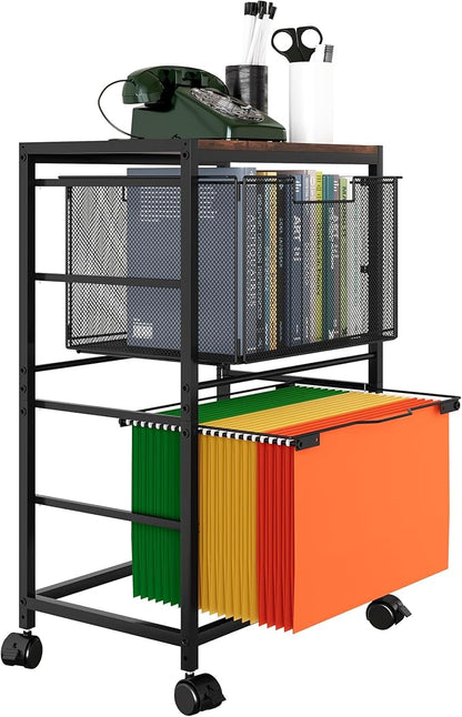 EasyPAG Rolling File Cart with Wheels Letter and Legal Size Hanging File Folder Rack Mobile File Folder Rack with Pull-Out Drawer for Home Office 1 Folder Rack and 1 Drawer, Black