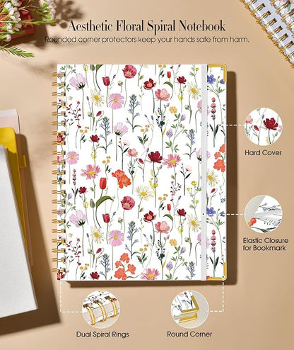 Cute Spiral Notebook Journal for Women, 200 Pages Lined Notebooks 8.5” x 11”, A4 Large Hardcover Spiral Journals with 100 GSM Thick Paper, College Ruled Notebook for Writing Work School, Wildflower Garden