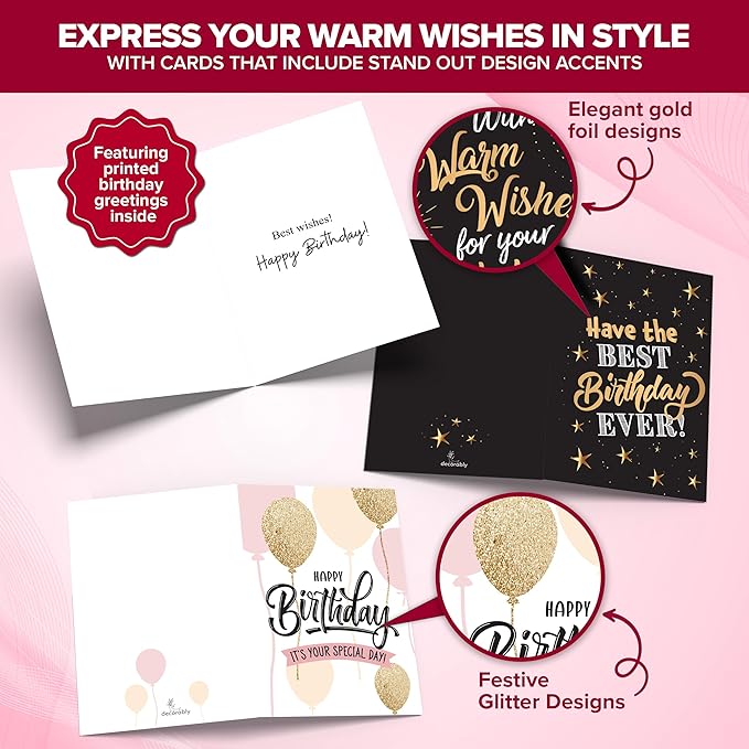 Decorably 24 Pack Foiled and Glittery Assorted 6x4in Box of Birthday Cards with Envelopes and Stickers, 24 Unique Designs Birthday Card Pack with Printed Message Inside