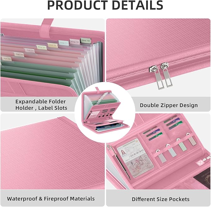 Fireproof Accordion File Organizer, Portable Expanding File Folder with Waterproof Zipper&Labels, Pink Document Organizer with 13 Pockets, File Organizer for Important Document/Paper Storage
