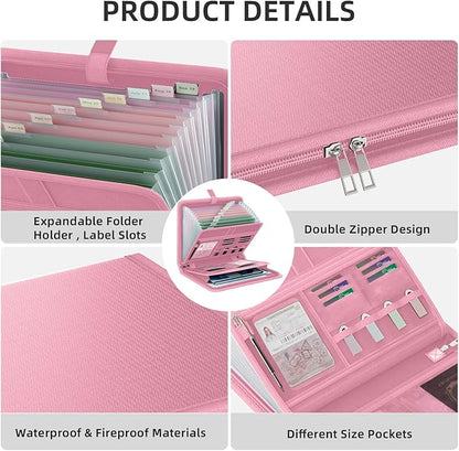 Fireproof Accordion File Organizer, Portable Expanding File Folder with Waterproof Zipper&Labels, Pink Document Organizer with 13 Pockets, File Organizer for Important Document/Paper Storage