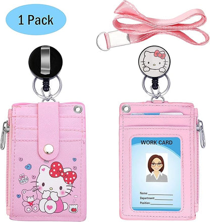Cute ID Badge Holder Retractable Lanyard Reel Clip with Heavy Duty Carabiner,5 Card Slots in2 Sided with Key Ring and Zipper for Students Teens Boys Girls Office Staff Women (01 Pink CatA)