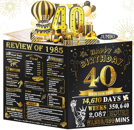 40th Birthday Card for Women Men, Jumbo Pop Up 40th Birthday Cards for Her Him, Happy 40th Birthday Decorations for 40 Year Old Women Men Funny Birthday Gifts, Review of 1985, Black Gold