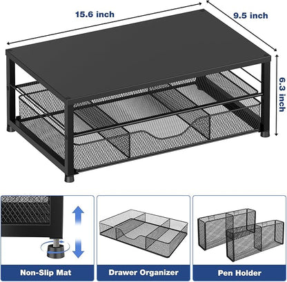 Desk Organizers and Accessories, 2-Tier Computer Monitor Stand for Desk Organizer with Drawer and 2 Pen Holders, Office Desk Accessories Workspace Desktop Organizers for Office Supplies, Black