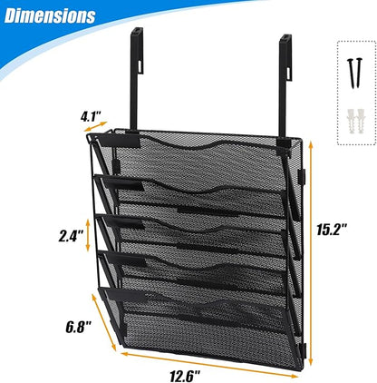 EASEPRES 5 Pocket Mesh Hanging Wall File Organizer with Hangers & Nametag Label, Wall Mounted Mail Paper Document Folder Holder, Clipboard Storage Organization Magazine Rack for Office Cubicle, Black
