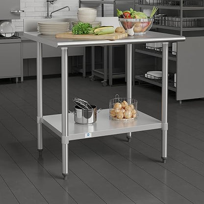 Flash Furniture Reese Commercial Stainless Steel Prep/Work Table for Back Kitchen, 430 Stainless Steel, 18 Gauge, Adjustable Shelf, 4" Backsplash, 30" x 36"