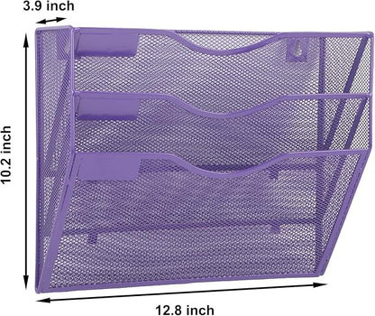 EASEPRES 3 Pocket Mesh Hanging Wall File Organizer, Wall Mounted Mail Paper Document Folder Holder, Clipboard Storage Organization Magazine Rack with Nametag Label for Office School Home, Purple