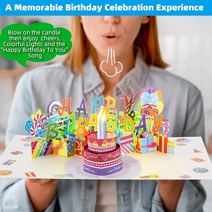 Gumry 46TH Musical Birthday PopUp Card, Blowable Colorful Light Candle 3D Cards with Song, Applause Cheers Sound, Greeting Cards Birthday Gifts Decorations for Women Men Turning 46 Years Old