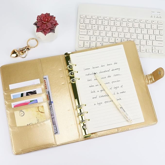 A5 PU Leather Cotton-Padded Binder 6-Ring Notebook Binder Cover with Gold Keychain for A5 Filler Paper, Refillable A5 Personal Planner Budget Binder with Magnetic Buckle Closure (Gold, A5)