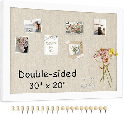 Double-Sided Large Cork Board with Linen, 30" x 20" Hanging Wood Framed Bulletin Board, Picture Display Vision Board Corkboards for Wall Room School Office Decor, 20 Pushpins,1pack