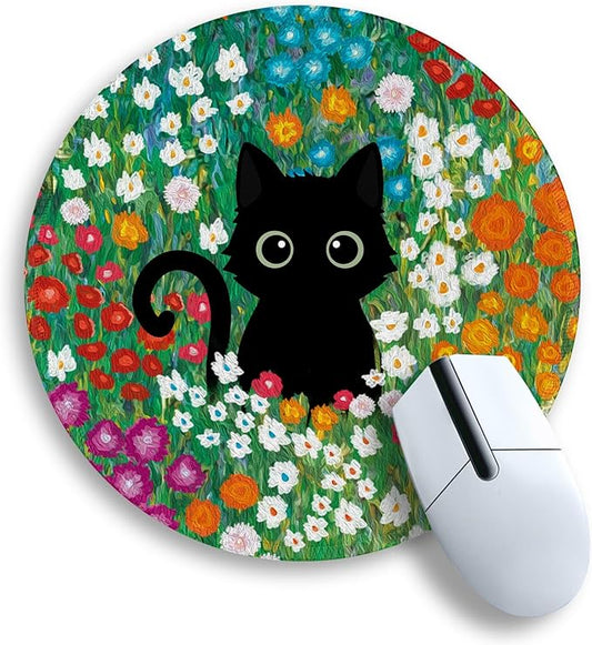 Gctriki Anime Black Cat Mouse Pad 8.6 x 8.6 Inch, Funny Round Mousepad for Gaming Laptop Computer, with Stitched Edge Non-Slip Rubber Base, Cute Cat Flower Home Office Decor Desk Accessories