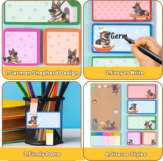 B1ykin Sticky Notes Set - Cartoon Theme Cute Self-Stick Notes Pad Teacher Appreciation Gifts， Self-Adhesive Writing Memo Pages Sticky to Do Notepad for Kids Employee School Office (German Shepherd)