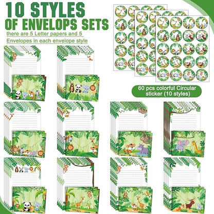 TaoBary 160 Packs Stationery Paper Set (50 Double Sided Stationery Writing Papers 50 Matching Envelopes) 60 Round Dot Sticker, 10 Design(Safari Animal,5.5 x 8.25 Inch)