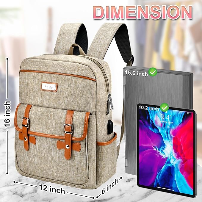 Nicole Miller Travel Laptop Backpack-Business Anti Theft Vintage Backpack with USB Charging Port-Water Resistant Computer Bag (Tan)