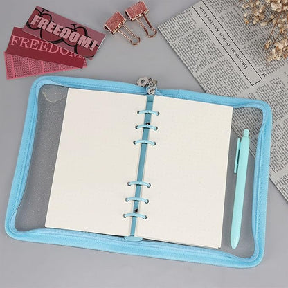 Multibey A5 Binder Cover Clear Soft PVC 6-Ring Binder Budget Evelopes System with Zipper Planner Organizer Refillable Notebook Journal Binder (Blue, A6)