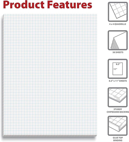 Better Office Products Graph Paper Pad, 8.5" x 11", 50 Sheets, Double Sided, White, 4x4 Blue Quad Rule, Easy Tear, Grid Paper, Graph Paper